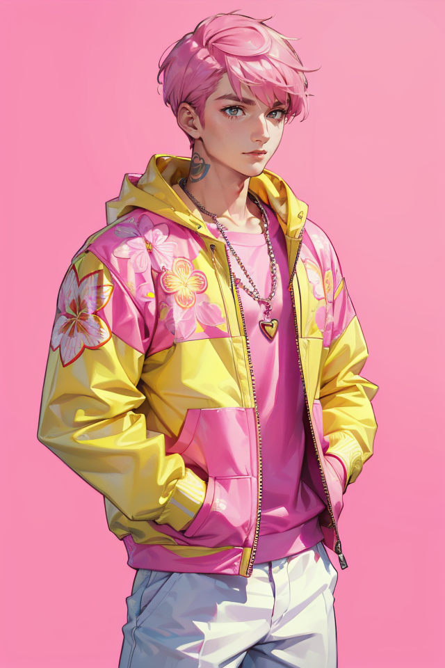 05656-197686273-((a man, pink short hair)) ((Pure pink and yellow background)),A vibrant young man in his early twenties stands confidently,flor.png